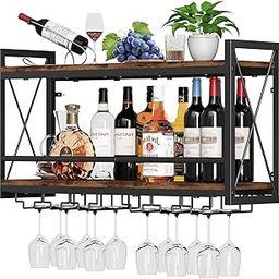 Priti Wall Mounted Wine Rack, Bottle & Glass Holder Wood-Metal Retro Floating Wine Rack, Wine Bottles Display Wall Storage Shelf for Kitchen Dining Room Home Bar-image-42