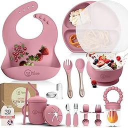 O'doe 17-Piece BPA-Free Silicone Baby Feeding Set | Thick & Soft Suction Plates, Baby Food Bowl, Wooden Fork & Spoon, and More | Make Mealtime Fun and Easy for Your Little One | Rose Pink V2-27