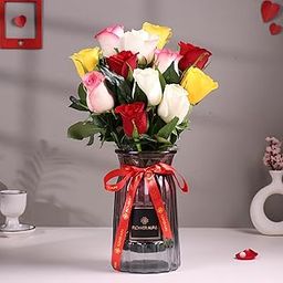 Fresh Live Flower Bouquet of 12 Mix Roses in Glass Vase For Birthday Gift, Anniversary Gift, Wedding Gift, Congratulations Gift & Gift For Special Occasions (Same Day Delivery)-image-74