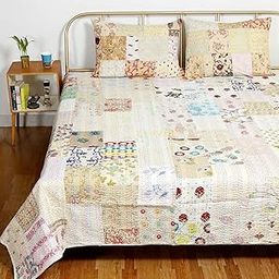 E - Ezra Indian Handmade Patchwork Quilt Gudri Silk Kantha Bedspread Double Bed Size Bed Sheets Bed Cover Throw 108 X90 Inch (White)-image-3