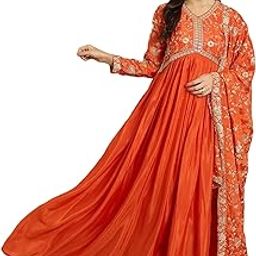 Women's Pink Chinon Stitched Gown with Dupatta Full Sleeve Embroidered Anarkali Gown-image-53