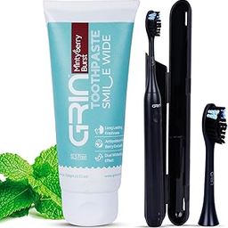 GRIN Natural Oral Care Toothpaste Teeth Whitening SLS Free Toothpaste for Adult and Kids with Electric Toothbrush for Adults with 2 Brush Heads & Carry Case | 3 Cleaning Modes, Sonic Technology (100 Gram, Mintesberry + Black Toothbrush)-picture-21