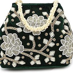 Velvet Embroidered Potli Bag with Pearl Handle | Traditional Ethnic Purse for Women | Drawstring Closure | Wedding Festive Gift Bag-image-39