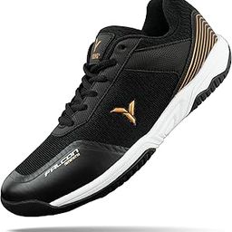 YOUNG Unisex-Adult Falcon Super Light Weight Non Marking Badminton Shoe Ideal for Indoor Games (Badminton, Tennis, Volleyball, Squash) Super Stable Hi-Comfy Badminton Shoe Black Gold (Size Uk7)-image-85
