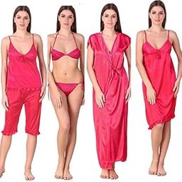 Women's & Girl's Satin Solid Nightwear Set Pack of 6-image-24