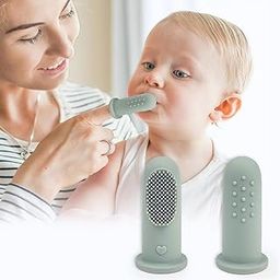 R for Rabbit Tiny Smiles Gummy Finger Toothbrush for Babies | BPA-Free Silicone 2 in 1 Brush & Tongue Cleaner with Storage Case | Oral Care for 0+ Months | Safe & Travel-Friendly (Olive Green)-27