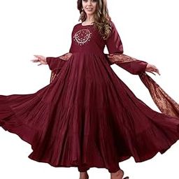 Women's Roman Silk Embroidery Sequence Work Anakali Kurti with Pant and Dupatta Set-image-76