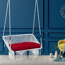 Patiofy Large Double Seater Swing Chair Hanging Hammock Swing/Jhula For Adults/ 2 Seater Swing/Double Seater Swing For Home/Includes Free Hanging Accessories & Red Sitting Cushion (White) - Polyester-image-24