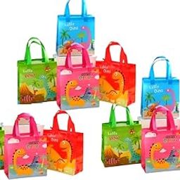 SV Traders Pack of 24 Dinosaur Gift Carry Bags/Medium Size Dinosaur Theme Party Goodies Bag/Birthday Return Gifts Bag For Boys & Girls, Cartoon Dinosaur Bag/Mix Colors (10x9x3.5 Inches)-50