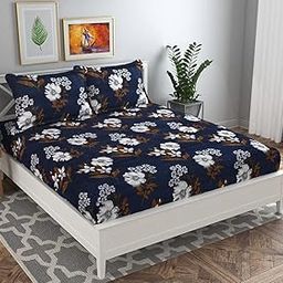 BSB HOME 120 TC Double Floral Bedsheet with 2 Pillow Covers | 110 GSM Soft Brushed Microfiber - Breathable & Wrinkle Free - (86 X 88 Inch, Dark Blue & Beige & Brown)-5