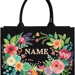 rerden Personalized Floral Canvas Tote Bag, Black with Watercolor Flower Design, Double Handle, Customizable Name-picture-17