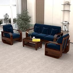 Solid Sheesham Wooden 5 Seater Sofa Set Without Coffee Table with Blue Cushion for Living Room Furniture - Walnut Finish (3+1+1)-image-50