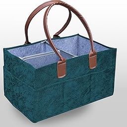 GREEN DECOR Non Woven Fabric Cute Diaper Caddy Bag withPU Leather Handle for Smart Mothers Baby Diaper Caddy Wipes Storage Organizers,Foldable and Portable(Spray Print Teal Blue-15X10X8 Inch)-10