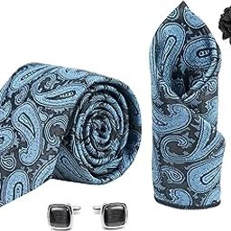 Mens Plaid Micro Self Silk Necktie Gift Set With Pocket Square Cufflinks & Brooch Pin Tie for Men Formal Tie Set with Box (Pack of 4) (Black, 2022AX_2)-picture-8