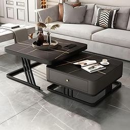 Welltrade Shoppee Iron Frame Handmade Square 20"x20" Coffee Table Set of 2 Piece, Nesting Stacking Tea Table Marble Look Luxury Sofa Center Table with Wooden Drawer Gold Metal (Black & Black)-63