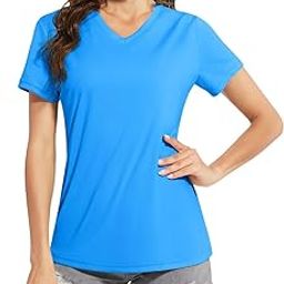 Women's Rash Guard Short Sleeve V Neck UPF 50+ Sun Protection Clothing Quick Dry UV SPF Swim Shirts, Azure, L-image-94