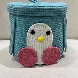 Subtlespreads Woven Cotton Rope Jute Laundry Basket Storage Organizer With Lid for Home, Kitchen, Baby, Laundry Hamper, Toys, Clothes - Children Cartoon Organiser (Sea Green Penguin, 10x10 inches)-picture-15