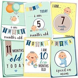 Wobbox Baby Monthly Milestone Card, Record 0-12 Months Growth and Other Milestones Cards, Baby Shower Gift Scrapbook Photo Keepsake Monthly Age Markers Card (36 Pcs) (Baby Boy) Design 4-10
