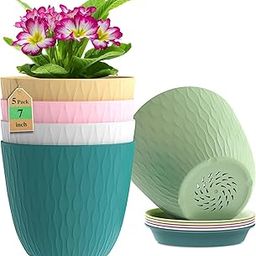 GARDENNEST 7 Inch Plastic Flower Pots for Home Decoration | Indoor Outdoor Gardening Planters | Durable Plant Pots with Drainage Hole & Tray | Multicolor (W&L) | Set of 5 Pots-image-91