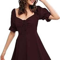 Sweetheart Neck Half Puff Sleeve Drawstring Front Skater Dress with Ruffle A-Line Flounce Ruched Design-image-107