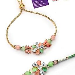 Floral Design with Gold Plated Kundan Rakhi For Brother|Rakshabandhan Combo Lumba Rakhi for Bhaiya Bhabhi with Roli Chawal & Greeting Card|Set of 2|CBRAKL107460-image-76