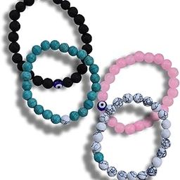 Natural Stone Beaded Bracelet Set for Men & Women – 4 Pieces Turquoise, Pink & Black Lava Rock with Evil Eye Charm – Adjustable Yoga Healing Bracelets-4