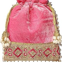 Pink Velvet Pearl Tassel Fringes Potli Bag For Weddings-48