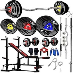 KENIT 10KG -100KG Rubber Coated Weight Plates Combo with 8 in 1 Home Gym Bench, 5Ft Plain and 3Ft Curl Barbell Rods (23mm), Pair of Steel Dumbbell Rod & Accessories (80, Kilograms)-image-79