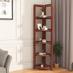 AAKROCRAFTS Sheesham Wood Brick Corner Shelf for Living Room Bedroom Home | CNC 5 Tier Corner Bookshelf | Wooden Ladder Bookcase Display Unit (Honey Finish)-31