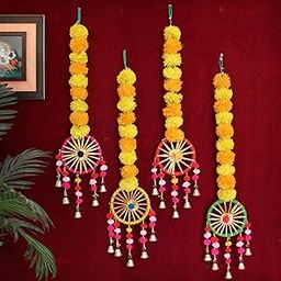 TIED RIBBONS Set of 4 Artificial Marigold Flowers Garland Wall Door Hanging Toran with Bells Rajasthani Traditional (76.2 cm x 12.7 cm, Multi) - Navratri Decoration Items for Home Decor Pooja Room-4