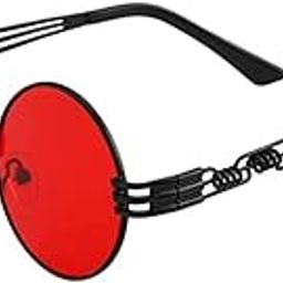 Sunglass, DELFINO Round Steampunk Retro Metal Circle Frame John Lennon Hippie Glasses Clip On Sunglasses Steampunk Style and Round Mirrored Lens Dollger Vintage Slender for Men Women, Red-picture-54