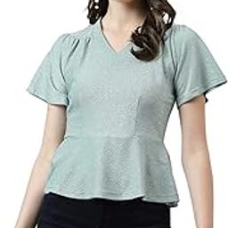 Latin Quarters Women Green Peplum Top With V Neck & Short Sleeves-picture-20