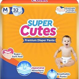 Super Cutes Premium Baby Diapers M Size, 32 Count, 7-12Kg, Super Soft and Rash Free Diaper Pants with 12 hrs Overnight Leakage Protection-0