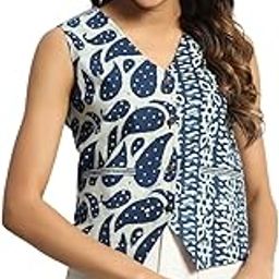 Women Indigo Cotton Print V-Neck Waistcoat-picture-23