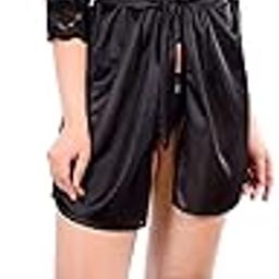 Women's Satin 3/4Th Sleeves Solid Robe with Lingerie Set (Black)-image-85