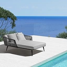 BRISHI Outdoor Patio Daybed/Sunbed/Swimming Pool Side/Sun Lounger/Garden/Terrace/Balcony/Braid & Rope Daybed (Grey/Light Grey)-image-79