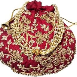 Potli bag Maroon ethnic wristlet pouches bag golden embroidery 8 inches matka shape drawstring shagun return gifting-image-24
