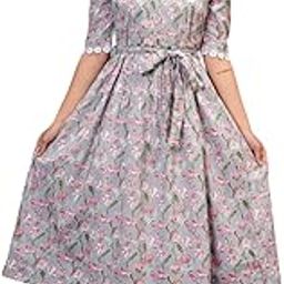 Women’s Beautiful Floral Print Cotton Midi Dress | Puff Sleeves, Round Neck, and Flared Silhouette with Belt | Outfit for Parties, Brunch, and Special Occasions-picture-12