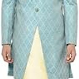 Men's Indo-Western Kurta Sherwani Churidar Set, Blue Silk Blend, Jacquard Mandarin Collar Regular Fit Full Sleeves-image-17