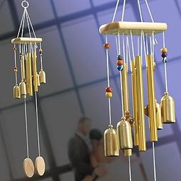 18 Inch Long 4 Pipe and 4 Bell Wind Chimes for Home Positive Energy | Home and Office Door Decor Item (Gold)-image-81