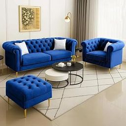 EPIC EVERGREEN ART - Modern Chesterfield Velvet Sofa Set, 3-Seater with Armchair and Footrest, Design in 3+1+Footrest Button Tufted Gold Metal Legs for Living Room, Hallways. (Blue)-image-26