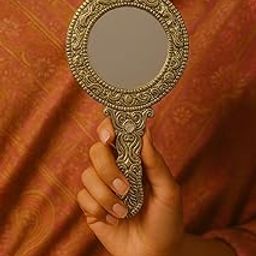 Round Aluminium Vintage Style Hand Mirror with Ornate Gold Frame, 13 cm x 7.5 cm, Red Gemstone Accent-image-51