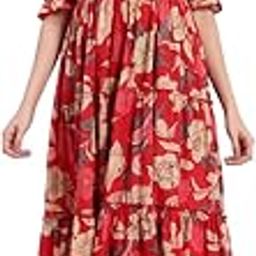 Women's Floral Summer Maxi Dress I Cotton Printed I One Piece Bodycon Midi Dress with V-Neck, Puffed Sleeves-image-90