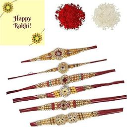 Rakshabandhan Pearl Kundan Rakhi Set of 6 for Brother Bhabhi Kids with Greeting Card-image-23
