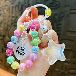 Colourful Beaded Bracelet Keychain with Star Charm and Forever Heart, Rainbow Pearl Design-image-88