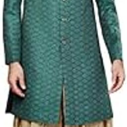 Men's Sherwani Dhoti Set, Indo-Western Green Silk Blend, Woven Design Regular Fit Mandarin Collar Long Sleeves-56