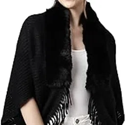 showoffff SHOWOFF Women's Solid Shawl Collar Three-Quarter Sleeves Black Regular Poncho-CHN-9952_Black-picture-38
