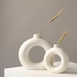 CLAY SOUL Ceramic Donut Vase | Round Hollow Centerpiece | Minimalist Flower Vase for Pampas Grass & Table Showpiece | Ideal for Living Room, Home, Shelf & Office Decor (Off White, 7 & 9 inch)-picture-23