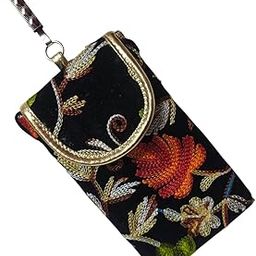 SUMERA WARQ Embroidered Mobile Pouch Cover, Navy Blue Floral Design, Handmade Ethnic Sling Bag with Clip (Black)-image-58