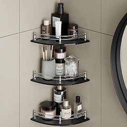 U-S-F BATH ACCESSORIES Luxury Edition 8mm Glass Bathroom Corner Shelf Wall Mounted | Corner Bathroom Shelves Stand | Weight Bearing Upto 10 Kg | Bathroom Rack (9x9 Inch | Black | Round | Pack 3)-image-6